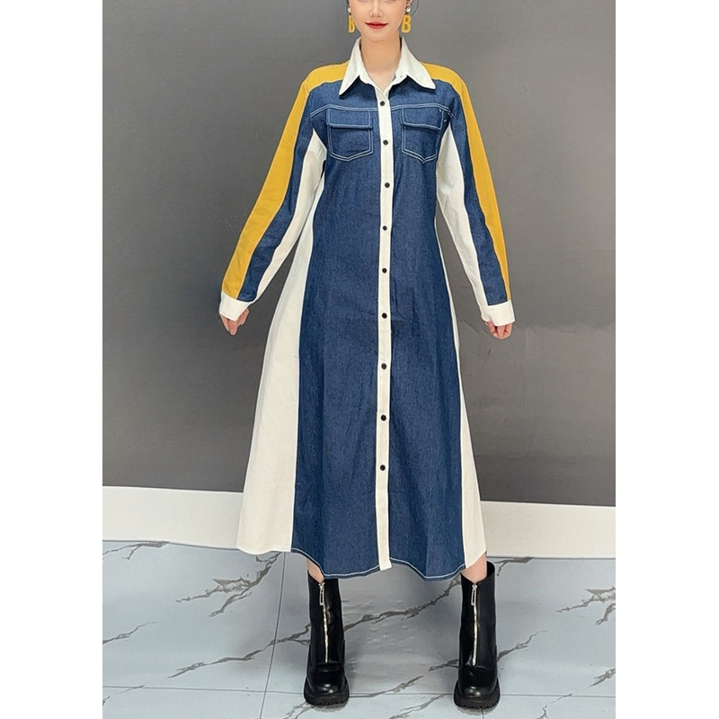 Stylish Colorblock Pan Collar Patchwork Button Holiday Long Dress Spring