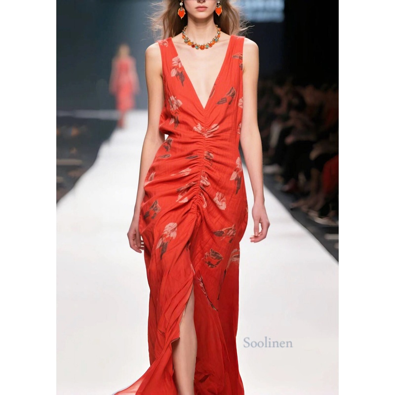 Stylish Red Print Wrinkled Side Open Cotton Party Dress Summer