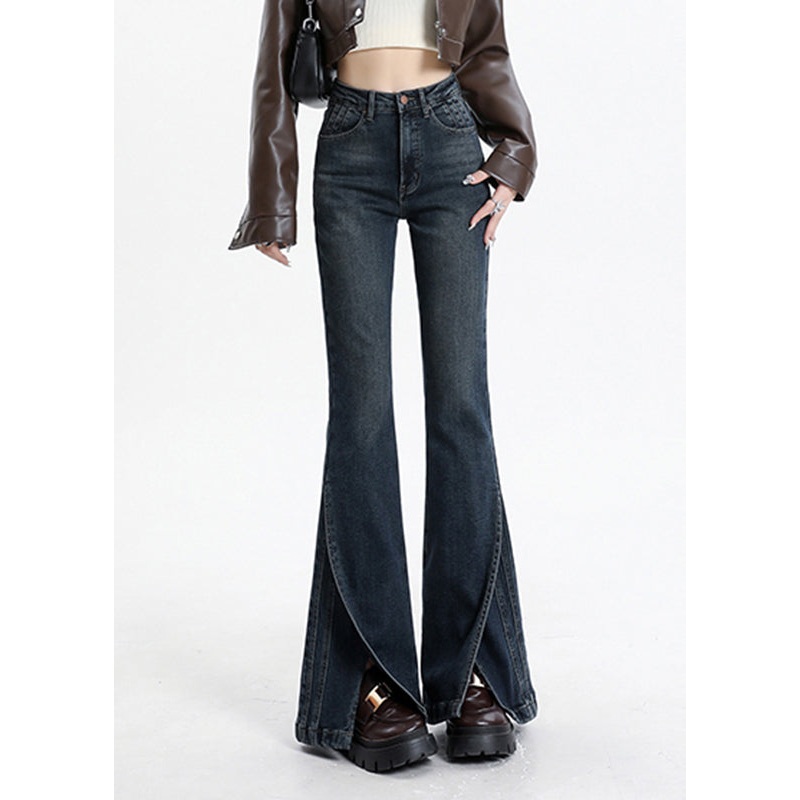 Vintage Blue Asymmetrical Pockets Patchwork High Waist Denim Flared Trousers Spring