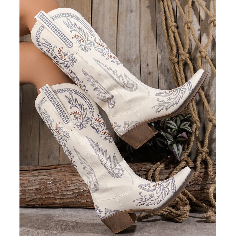 White Embossed Faux Leather Pointed Toe Chunky Thigh Boots