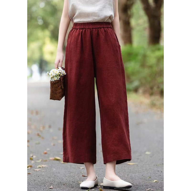 Wine Red Solid Linen Summer Crop Pants Elastic Waist