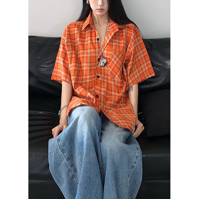 Women Orange Oversized Plaid Cotton Top Summer