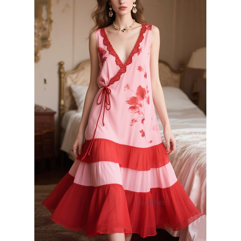 Women Pink Patchwork Tie Waist Chiffon Maxi Dresses Sleeveless