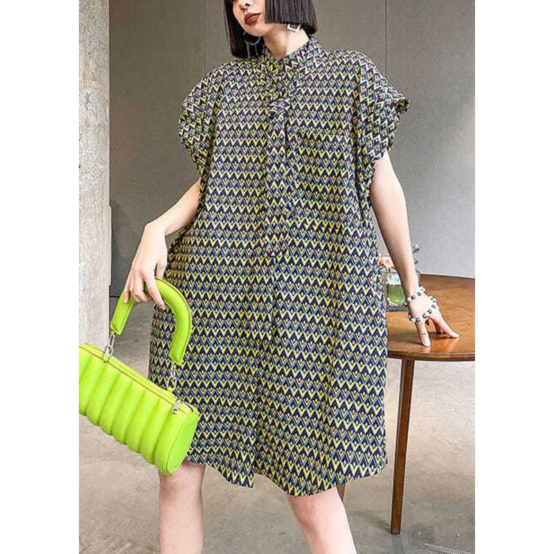 Women Stand Collar Print Cotton Day Dress Puff Sleeve