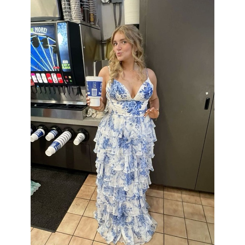 A Line Flora Printed Long Prom Dress Tiered Formal Party Dress J5192