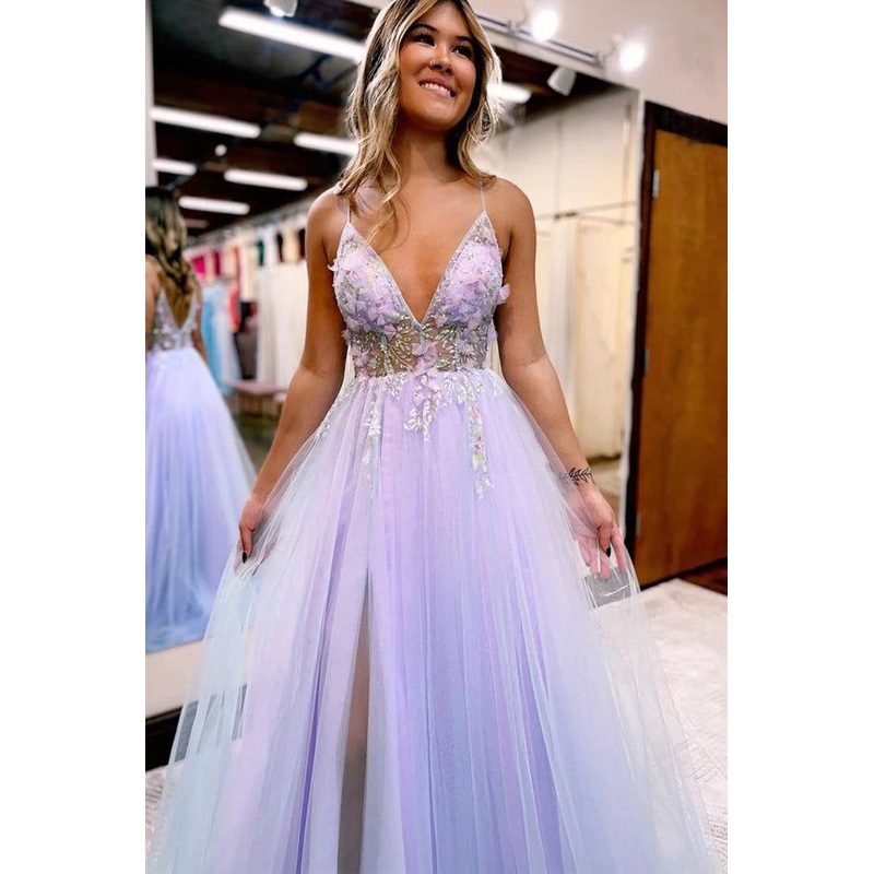 A Line V Neck Spaghetti Straps Slit Tulle Long Prom Dress J2627