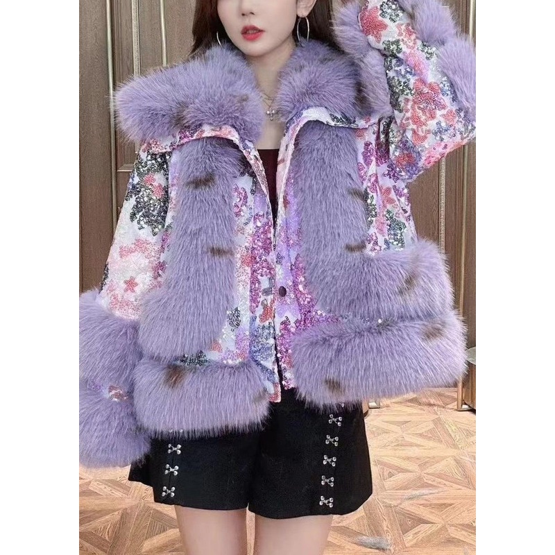 Art Purple Fluffy Sequins Patchwork Coats Winter