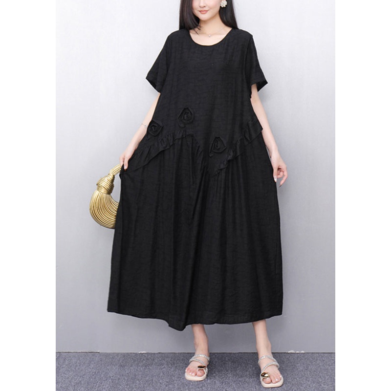 Black O-Neck Solid Long Dress Short Sleeve