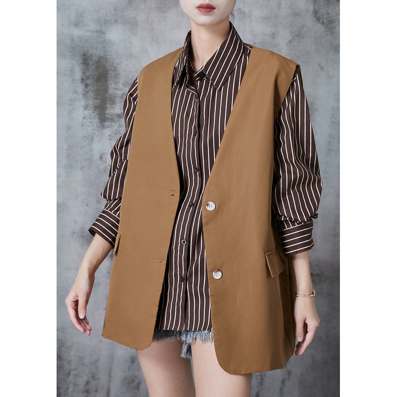 Bohemian Brown Oversized Striped Cotton Two Piece Set Spring