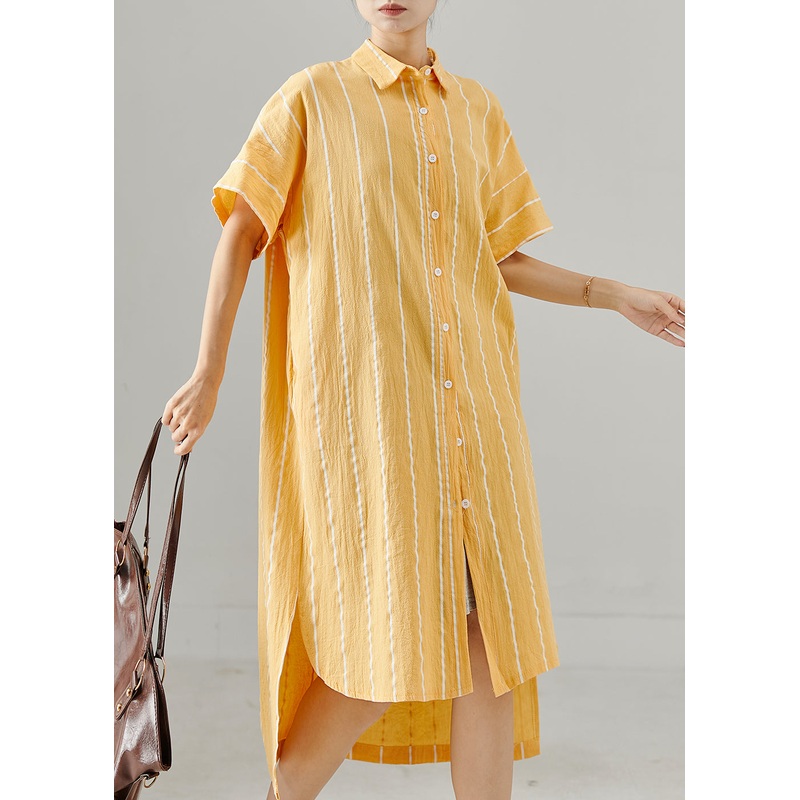 Bohemian Yellow Striped Low High Design Cotton Dresses Summer