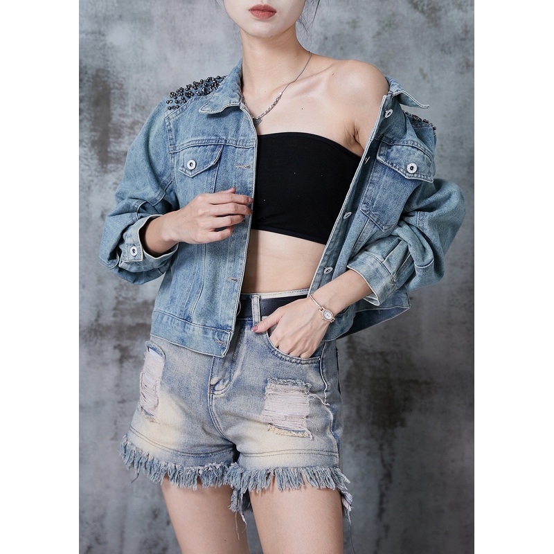 Boho Blue Oversized Nail Bead Denim Jacket Fall