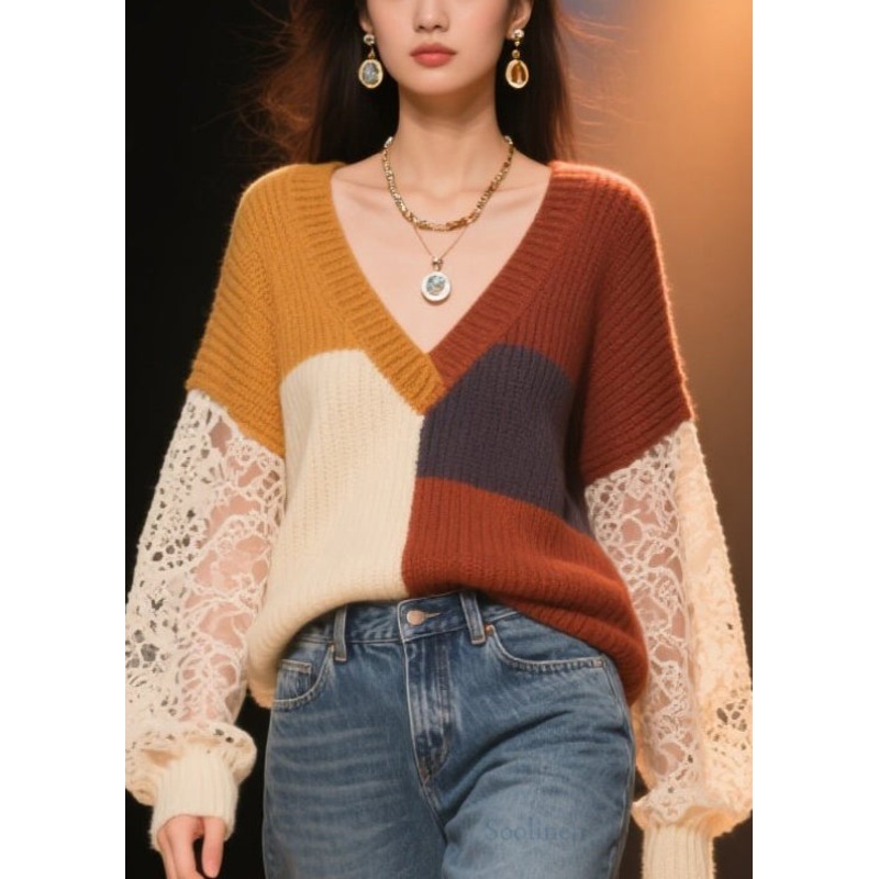 Boho Colorblock Hollow Out Lace Patchwork Knit Sweater Fall