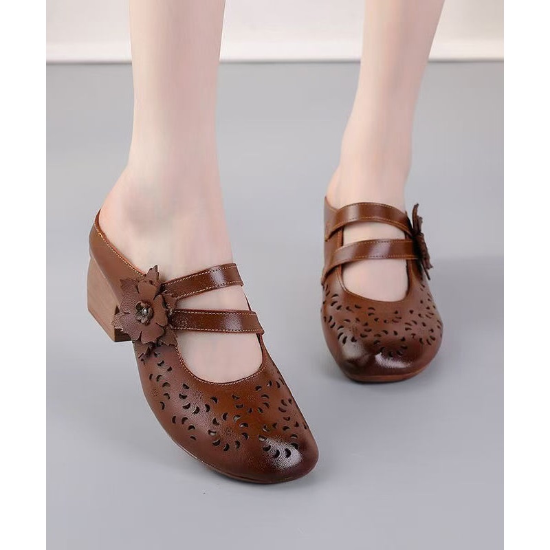 Boho Cowhide Leather Splicing Brown Slide Sandals Hollow Out