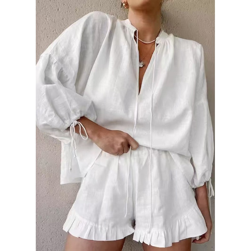 Boho White Oversized Ruffled Cotton Women Sets 2 Pieces Summer