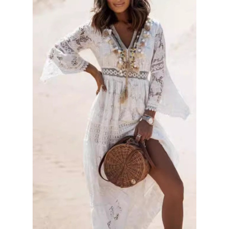 Boho White Tasseled Hollow Out Lace Dresses Summer