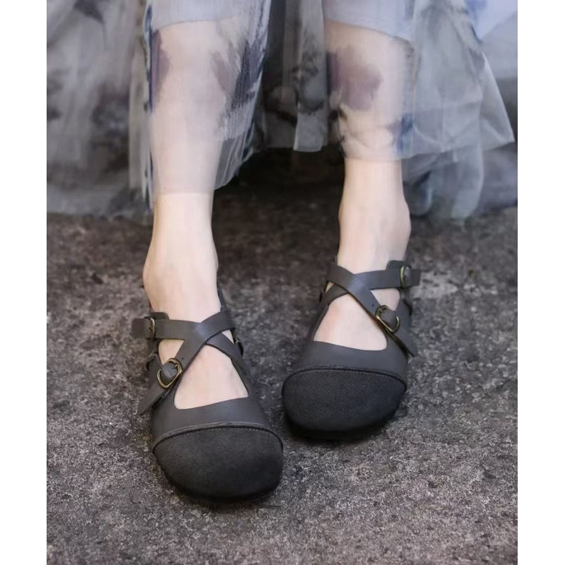 Boutique Cross Strap Splicing Flat Shoes Grey Cowhide Leather