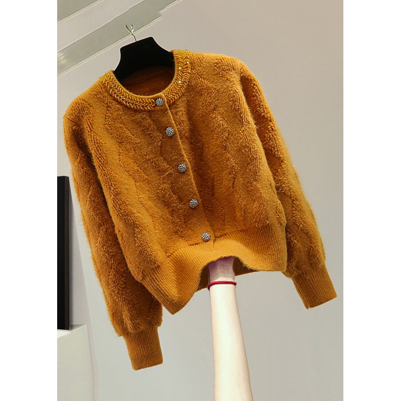 Boutique Orange Nail Bead Thick Cotton Knit Sweater Tops Winter