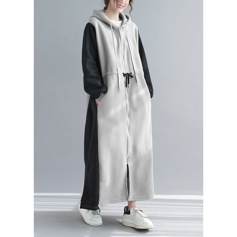 Casual Grey Hooded Drawstring Patchwork Warm Fleece Dress Spring