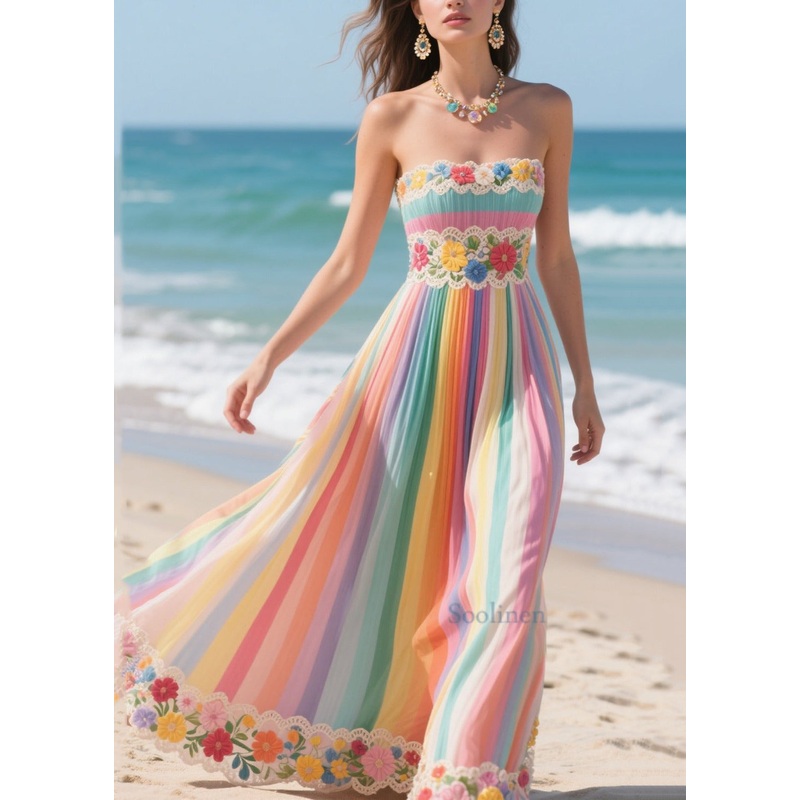 Casual Rainbow Striped Patchwork Flower Chiffon Strapless Dress Summer
