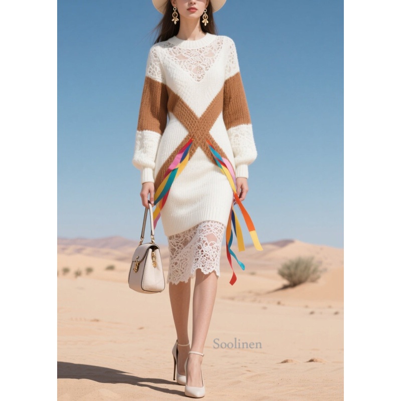 Casual White Patchwork Lace Knitted Dress Winter