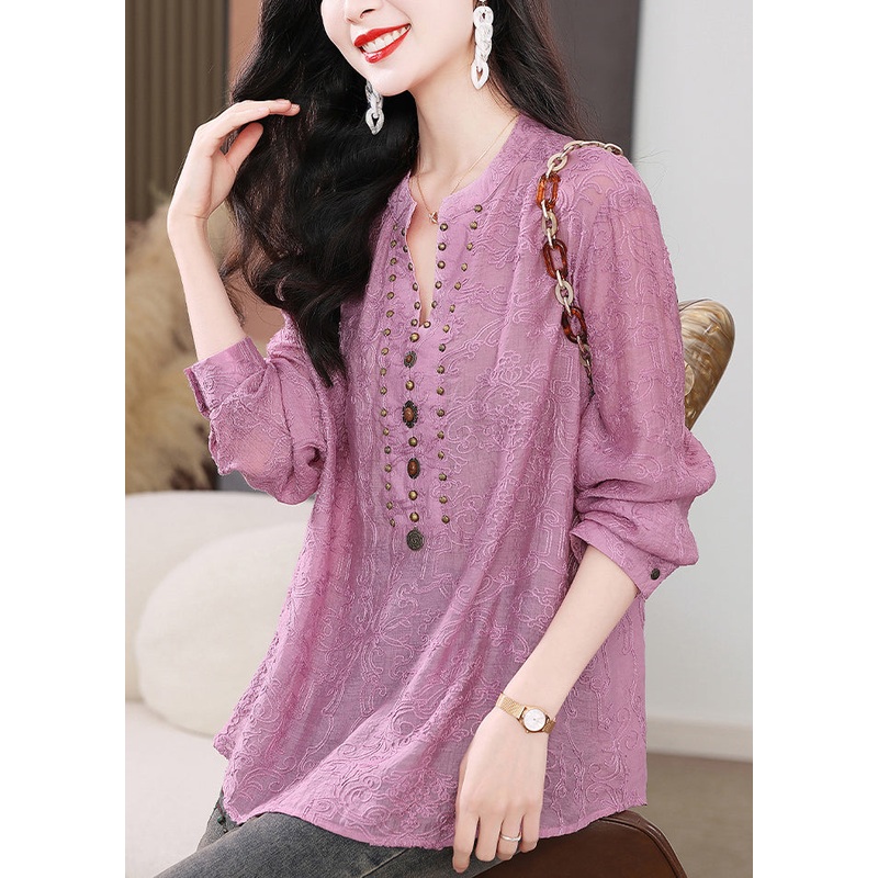 Chic Purple Embroidered Nail Bead Cotton Shirts Long Sleeve