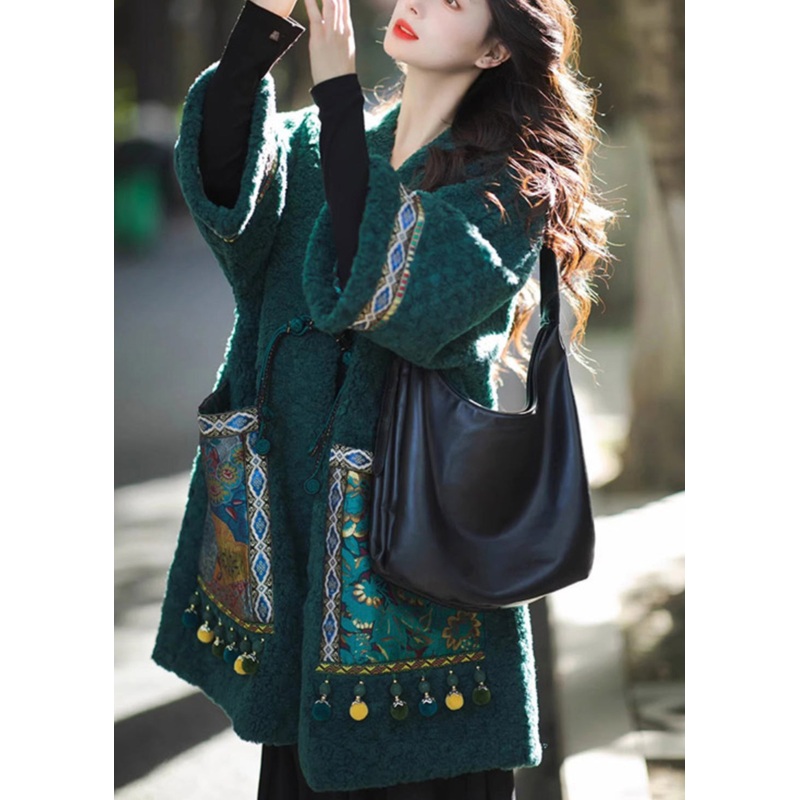 Chinese Style Green Pockets Oriental Button Patchwork Faux Fur Coat Winter