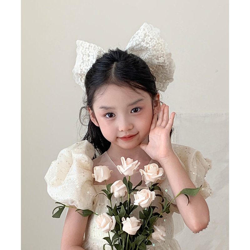 Classy Beige Alloy Tulle Bow Pearl Ribbon Headcloth Kids Hairpin
