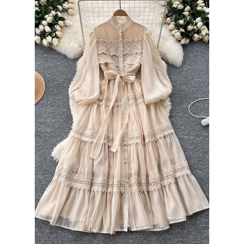Classy Champagne Tie Waist Patchwork Lace Dresses Spring