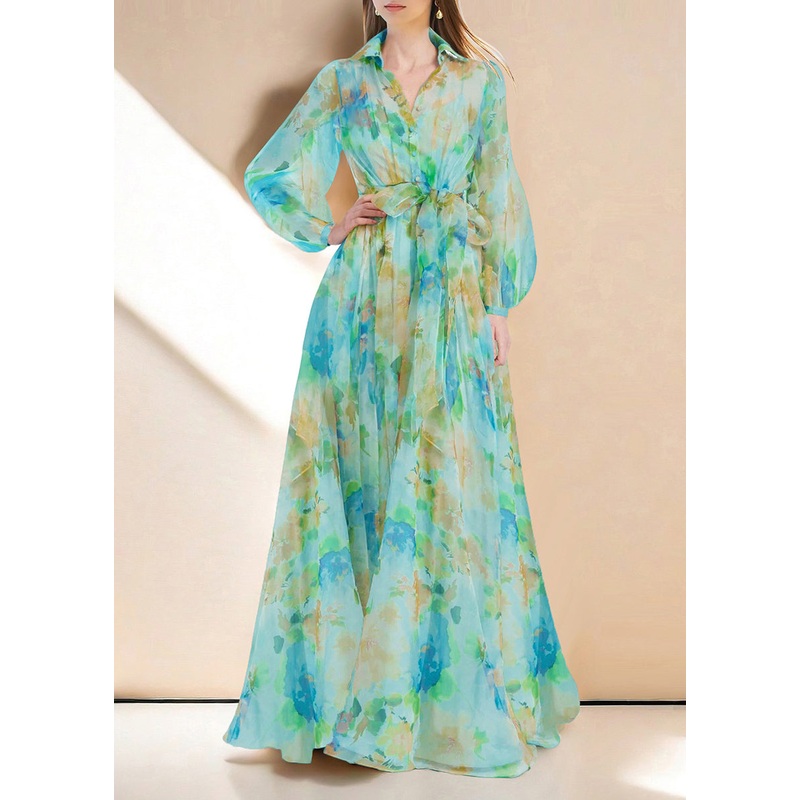 Classy Green Peter Pan Collar Print Lace Up Silk Dress Spring