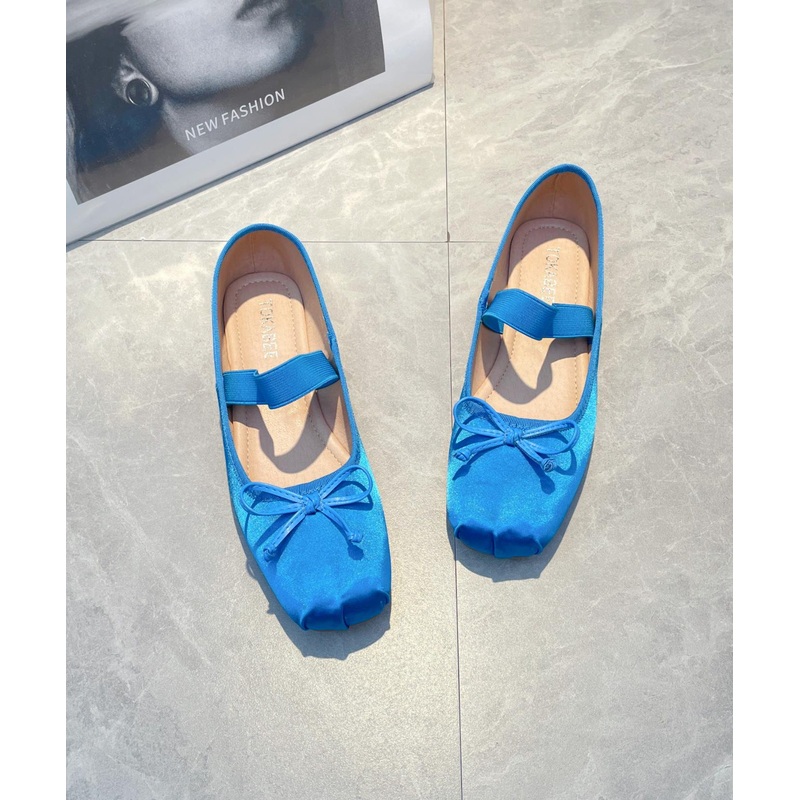 Comfy Soft Splicing Bow Flat Feet Shoes Blue Satin