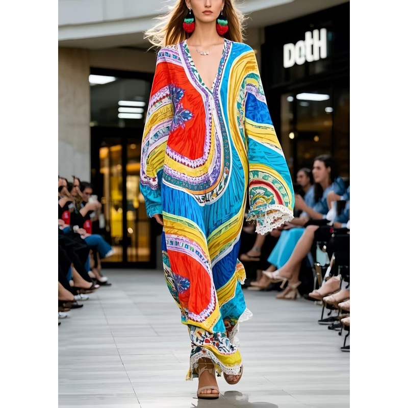 DIY Colorblock Oversized Print Chiffon Maxi Dress Spring