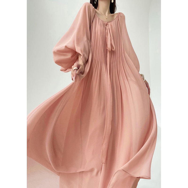 Elegant Pink Wrinkled Lace Up Chiffon Maxi Dresses Spring