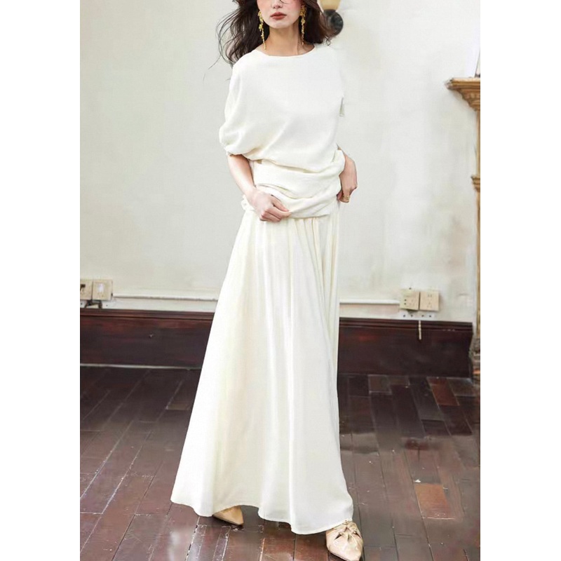 Elegant White Asymmetrical Wrinkled T Shirts And Skirts Cotton Two Piece Set Summer
