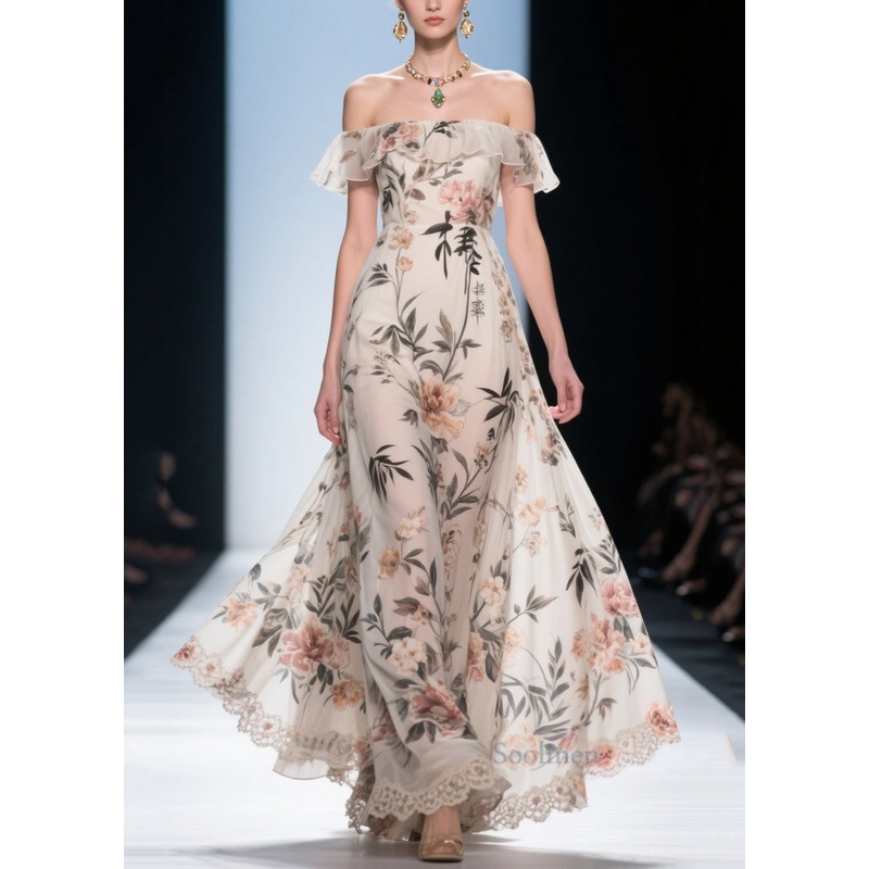 Fashion White Cold Shoulder Print Chiffon Maxi Dress Summer