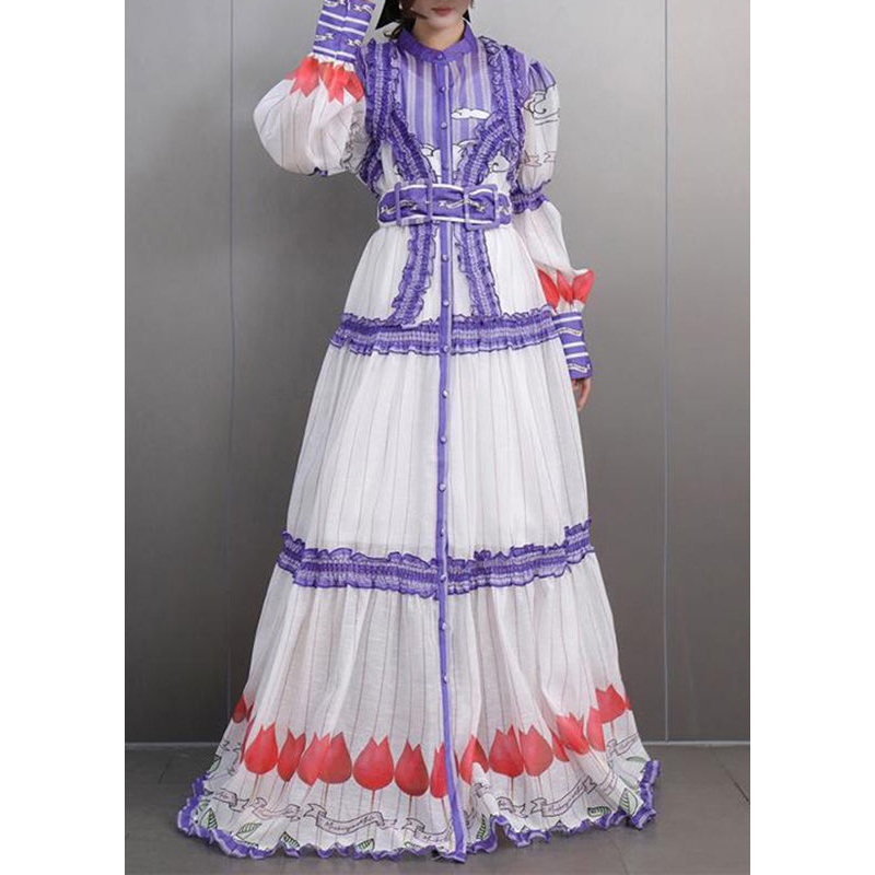 Fine White Stand Collar Ruffled Button Maxi Dress Lantern Sleeve