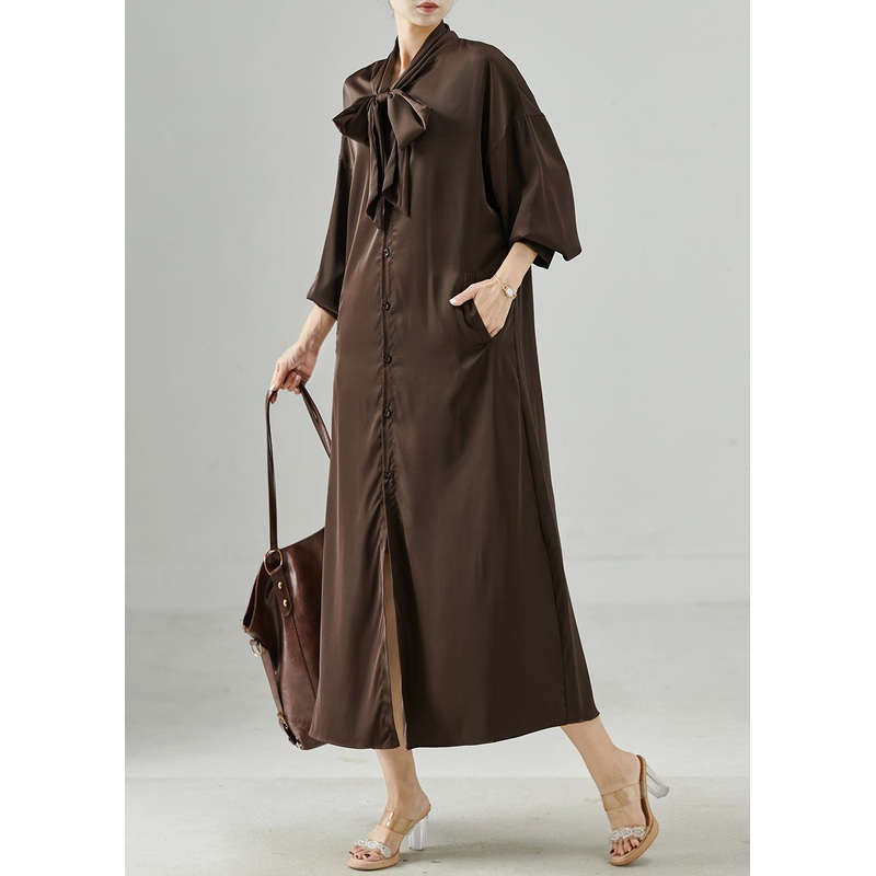 French Chocolate Lace Up Draping Silk Shirt Dresses Spring
