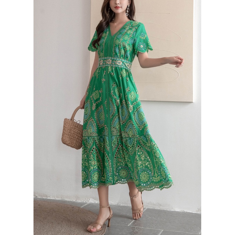 French Green Embroidered Hollow Out Cotton Long Dresses Summer