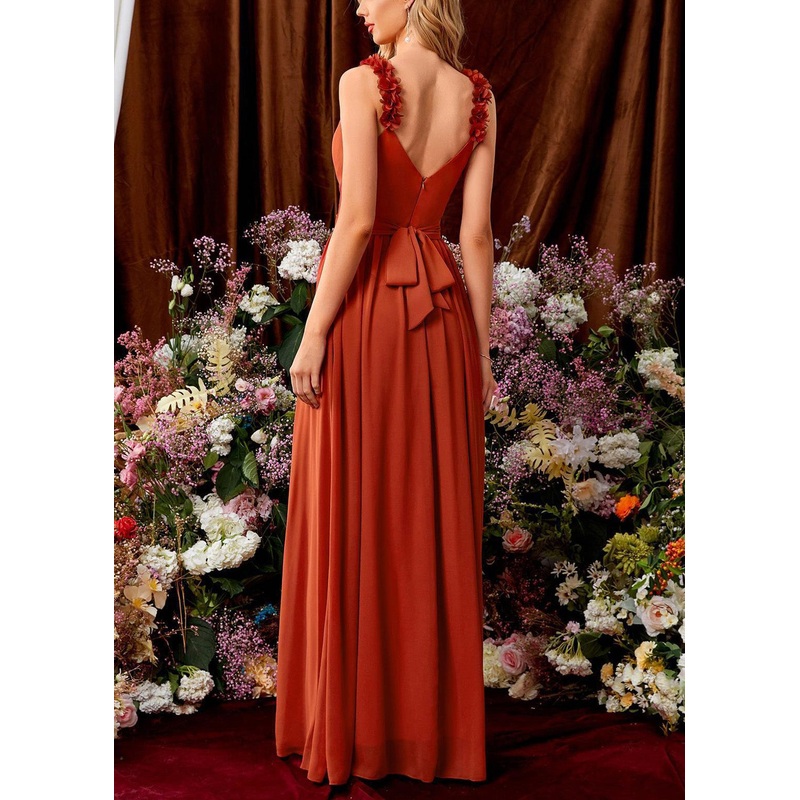 French Orange V Neck Floral Tie Waist Cotton Spaghetti Strap Dress Sleeveless