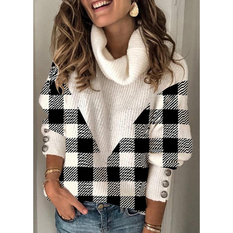 French Plaid Turtleneck Patchwork Knit Sweaters Spring
