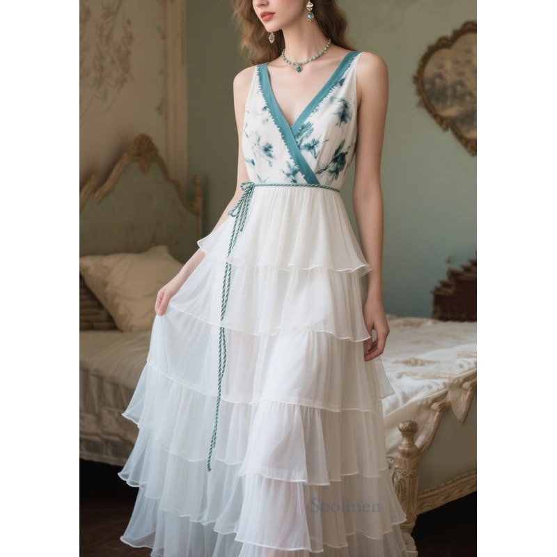 French White Tie Waist Print Chiffon Maxi Dresses Summer