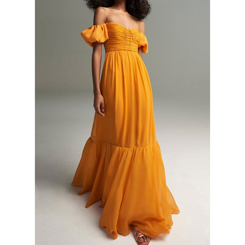 French Yellow Cinched Cold Shoulder Chiffon Long Dresses Summer