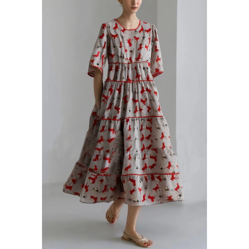 Grace O-Neck Print Patchwork Wrinkled Silk Mid Dress Short Sleeve