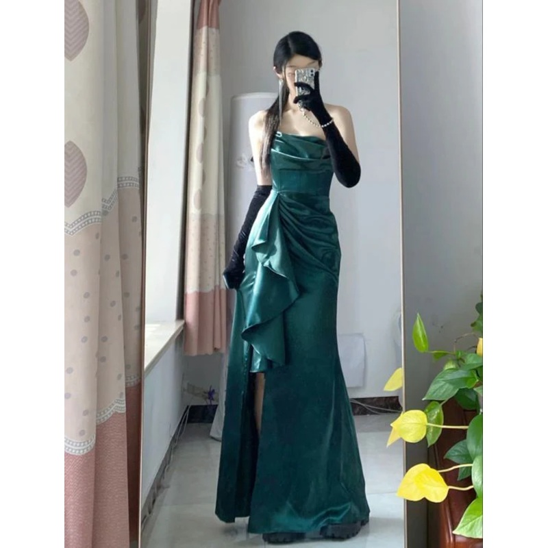 Green Long Satin Prom Dresses Evening Birthday Outfits J4829