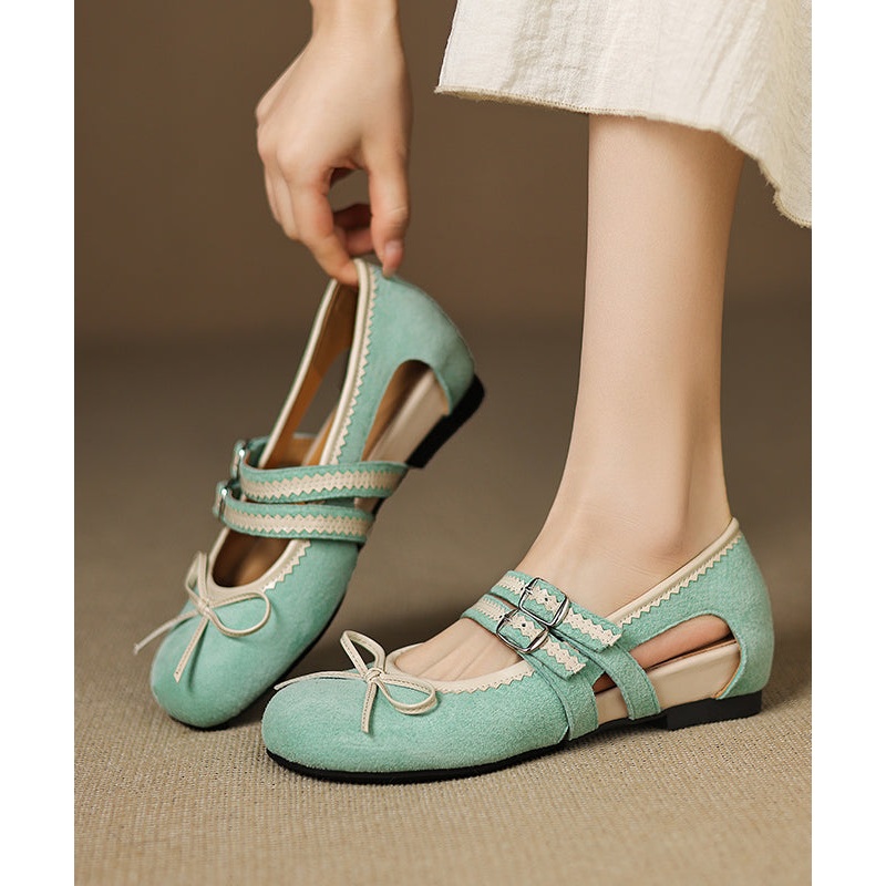 Green Suede Bow Splicing Hollow Out Flat Feet Shoes
