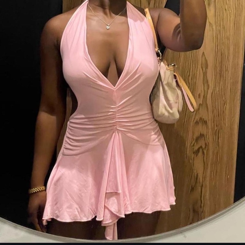 Halter V Neck Pink Mini Homecoming Dress  J7607