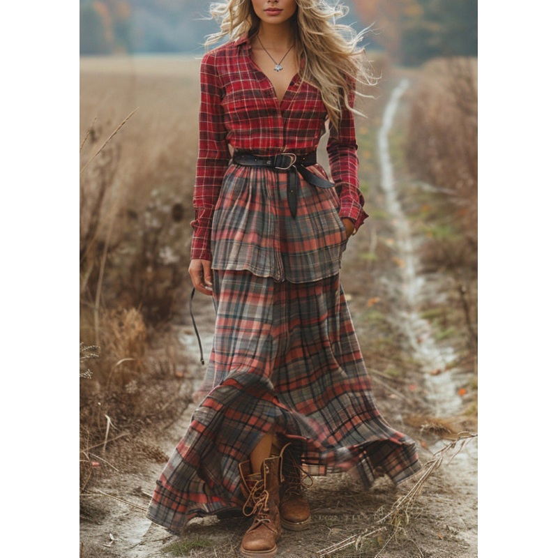 Handmade Colorblock Patchwork Cotton Dress Long Sleeve