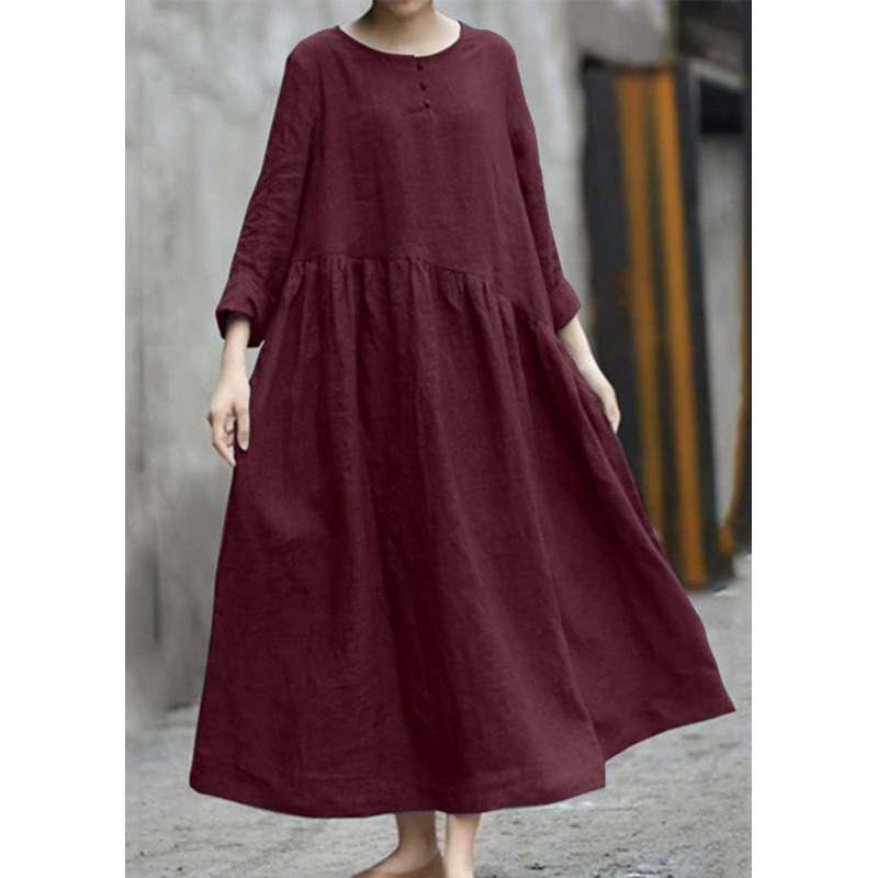 Handmade Red O-Neck Patchwork Pockets Robe Dresses Fall