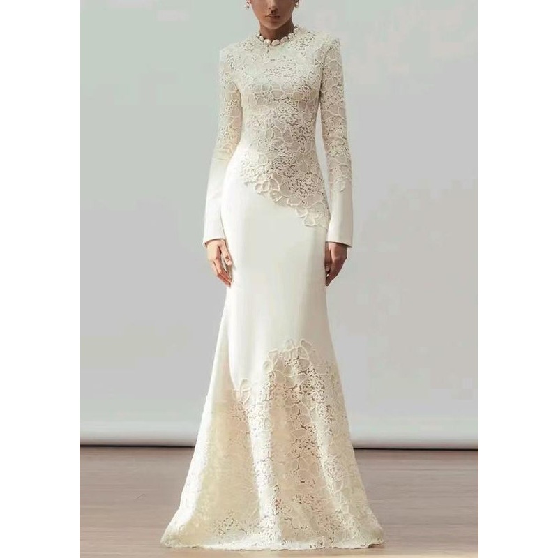 Handmade White Sequins Patchwork Cotton Party Dress Fall