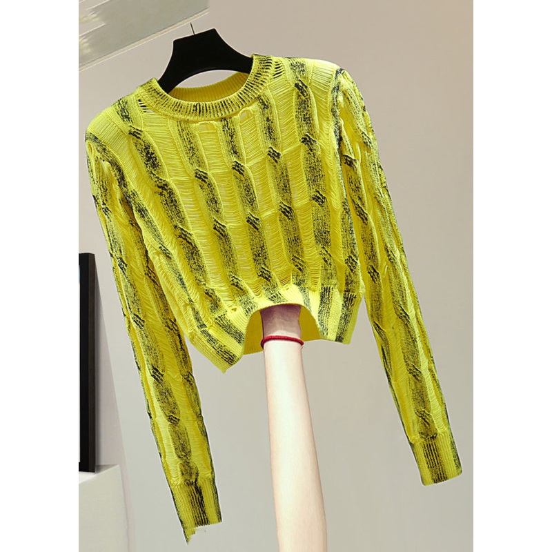 Handmade Yellow O-Neck Striped Patchwork Knit Sweater Spring