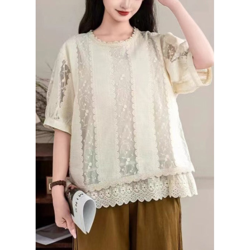 Italian Apricot Embroidered Patchwork Lace Shirt Tops Summer